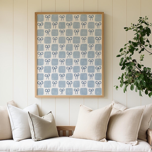 Arte de pared con lazos azules, estampado de cuadros azules, impresiones de nietas costeras, estampado de toile, decoración de apartamentos universitarios, descarga digital