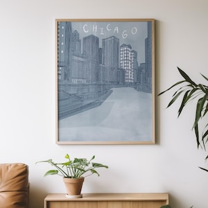 Blue Chicago Skyline Art Print, Chicago Wall Art Girly, Chicago Print, Travel Art, Chicago Poster, College Apartment Decor, Digital Download