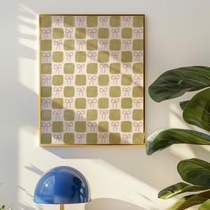 Green Checkered Pattern Art Print, Pink Bows Wall Art, Balletcore, Preppy Stuff, Girly Decor, College Apartment Decor, Y2K, Digital Download