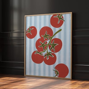 Hand drawn art print of five red tomatoes on a vine with three tomatoes along the edges. The background is light blue stripes.