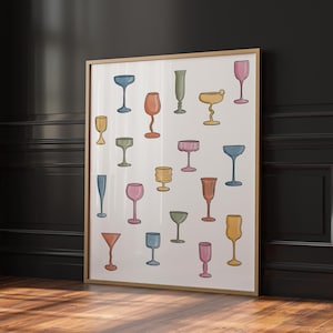 Stampa artistica di bicchieri colorati, poster di cocktail, stampa di bicchieri, stampa artistica da cucina, stampa di Cheers, decorazione per appartamenti universitari, download digitale