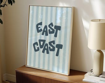 East Coast Art Print, Blue Striped Beachy Poster, Coastal House Decor
