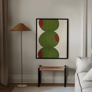 Hand drawn art print of three large olives off center to the left.