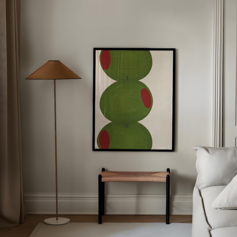 Hand drawn art print of three large olives off center to the left.