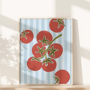Hand drawn art print of five red tomatoes on a vine with three tomatoes along the edges. The background is light blue stripes.