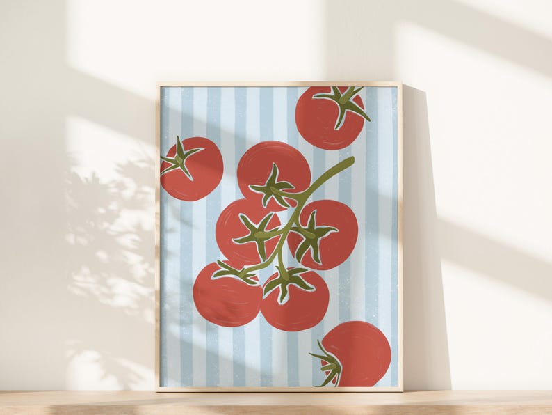 Hand drawn art print of five red tomatoes on a vine with three tomatoes along the edges. The background is light blue stripes.
