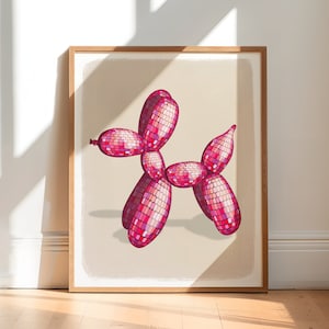 Pink Disco Ball Balloon Dog Art Print, Balloon Dog Wall Art, Dopamine Decor, Disco Ball Decor, College Apartment Decor, Digital Download