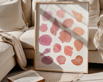 Pink Seashell Art Print, Seashell Wall Art, Beachy Prints, Oyster Print, Coastal Cowgirl Wall Art, College Apartment Decor, Digital Download