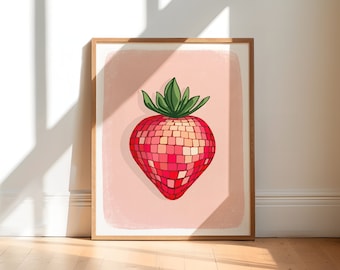 Disco aardbei Art Print, discobal decor, college appartement decor, Y2K decor, disco fruit kunst aan de muur, Deense pastel, digitale download