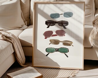Sunglasses Art Print, Hand Drawn Art, Vintage Fashion Poster