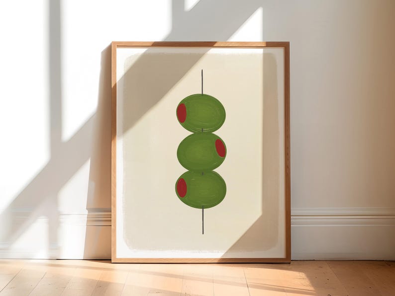 Hand drawn art print of three olives stacked vertically on a toothpick