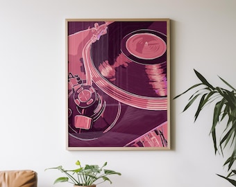 Pink Turntable Art Print, Retro Vinyl Record Player Wall Art, DJ Music Poster, Hand Drawn Art