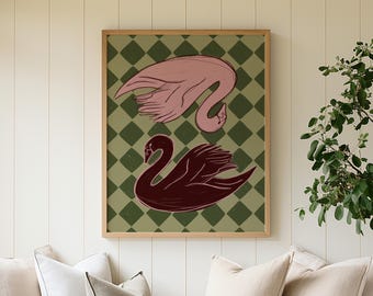 Checkered Swan Art Print, Whimsical Cottagecore Painting, College Apartment Decor