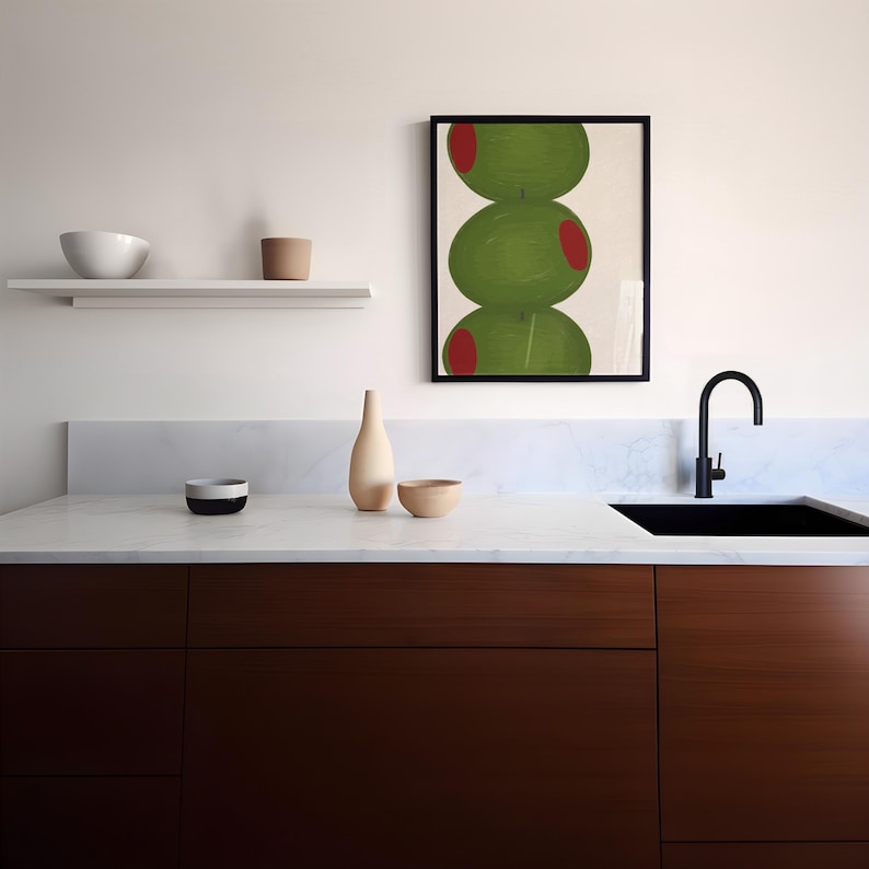 Hand drawn art print of three large olives off center to the left.