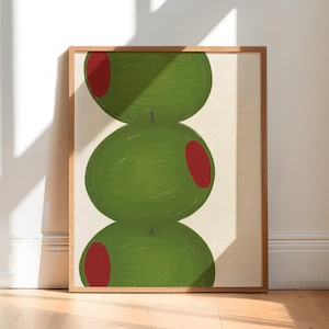 Lámina artística de aceitunas, lámina de martini, póster de cóctel verde, arte mural de cocina, lámina de martini sucio, decoración de apartamento universitario, descarga digital
