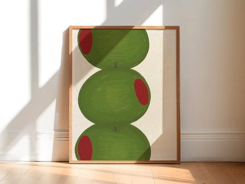 Hand drawn art print of three large olives off center to the left.