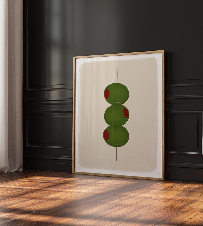 Hand drawn art print of three olives stacked vertically on a toothpick