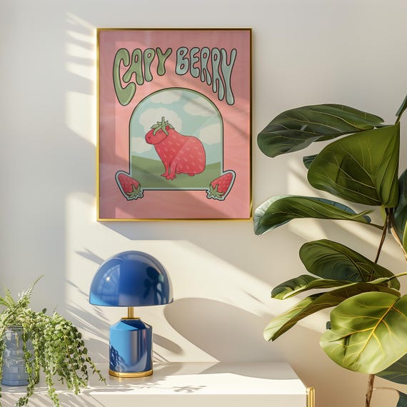 Capybara Art Print, Strawberry Wall Art, Y2K Print, Indie Prints, College Apartment Decor, Danish Pastel, Kitschy Decor, Digital Download