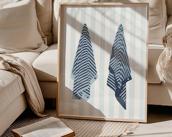 Beach Towel Art Print, Coastal Wall Art, Blue Bathroom Poster, Beach House Decor
