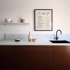 Art print of a drink menu. The list of drinks include; americano, chai latte, cappuccino, cortado, matcha latte, espresso, and flat white. The options next to each drink are; hot or iced, oat milk or almond milk, and single or double.