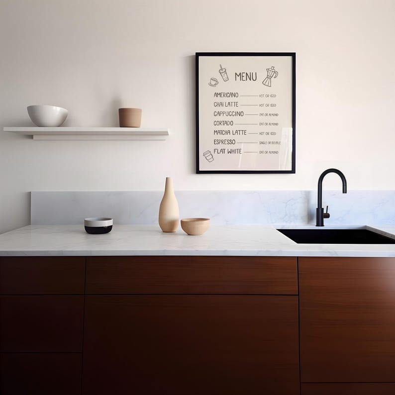 Art print of a drink menu. The list of drinks include; americano, chai latte, cappuccino, cortado, matcha latte, espresso, and flat white. The options next to each drink are; hot or iced, oat milk or almond milk, and single or double.