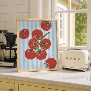 Hand drawn art print of five red tomatoes on a vine with three tomatoes along the edges. The background is light blue stripes.