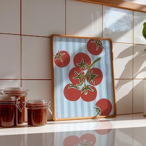 Hand drawn art print of five red tomatoes on a vine with three tomatoes along the edges. The background is light blue stripes.