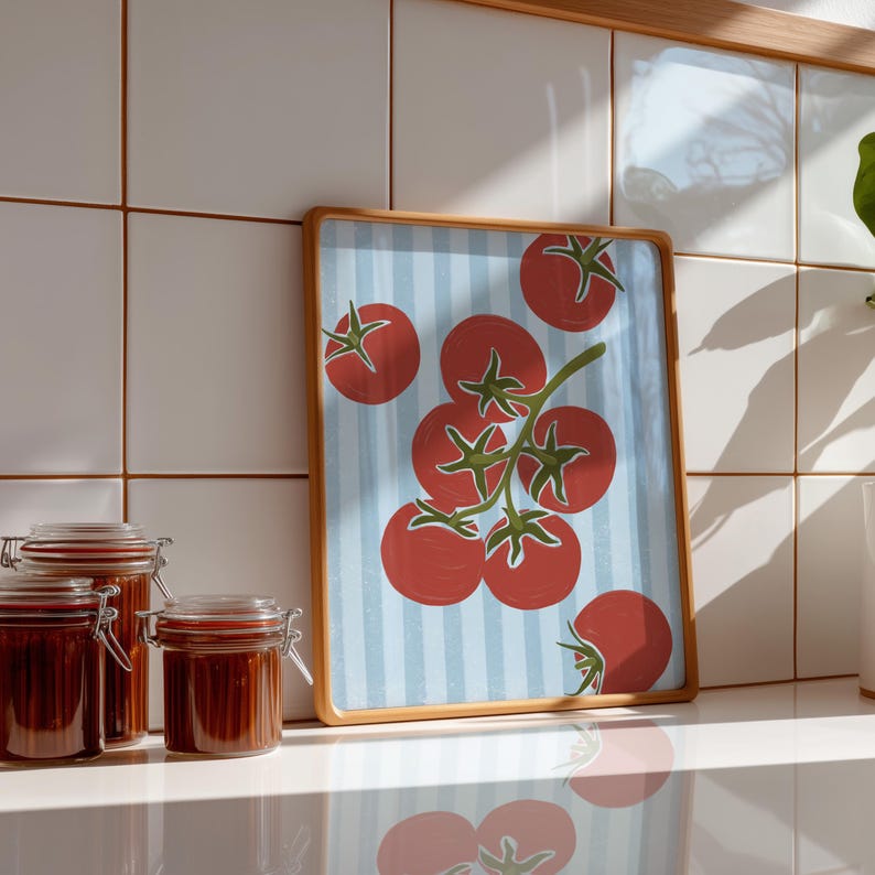 Hand drawn art print of five red tomatoes on a vine with three tomatoes along the edges. The background is light blue stripes.