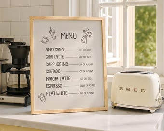 Wydruk artystyczny z menu napojów, wydruk artystyczny z kawą, plakat z kawą, dekoracja ścienna do kuchni, matcha, chai, latte, wystrój mieszkania studenckiego, pobieranie cyfrowe