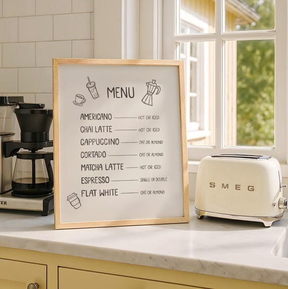 Drink Menu Art Print, Coffee Art Print, Coffee Poster, Kitchen Wall Art, Matcha, Chai, Latte, College Apartment Decor, Digital Download