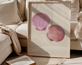 Pink Seashell Art Print, Vintage Coastal Wall Art, Shell Beach House Decor