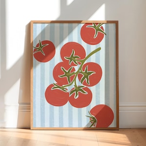 Hand drawn art print of five red tomatoes on a vine with three tomatoes along the edges. The background is light blue stripes.