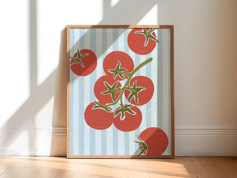 Hand drawn art print of five red tomatoes on a vine with three tomatoes along the edges. The background is light blue stripes.