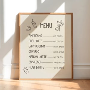 Impressão de arte de menu de bebidas, impressão de arte de café, pôster de café, arte de parede de cozinha, matcha, chai, latte, decoração de apartamento de faculdade, download digital