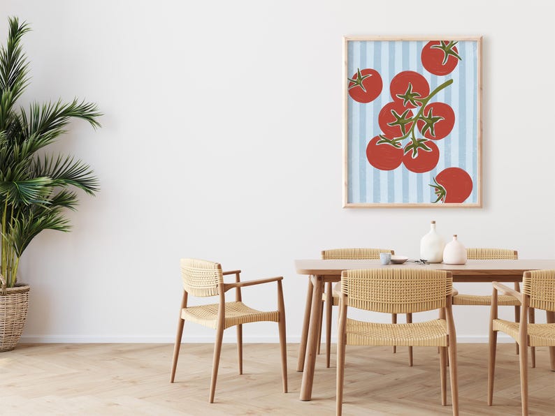 Hand drawn art print of five red tomatoes on a vine with three tomatoes along the edges. The background is light blue stripes.
