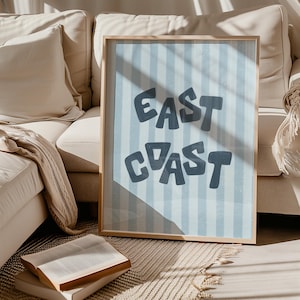 East Coast Art Print, Blue Beachy Prints, Blue Striped Coastal Poster, Coastal Cowgirl Wall Art, College Apartment Decor, Digital Download