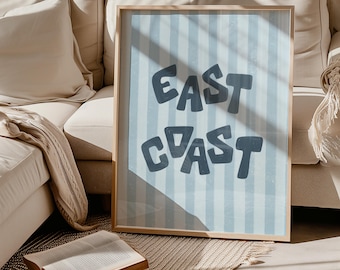 East Coast Art Print, Blue Beachy Prints, Blue Striped Coastal Poster, Coastal Cowgirl Wall Art, College Apartment Decor, Digital Download