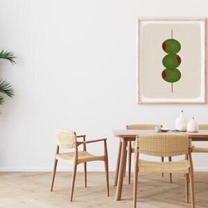 Hand drawn art print of three olives stacked vertically on a toothpick