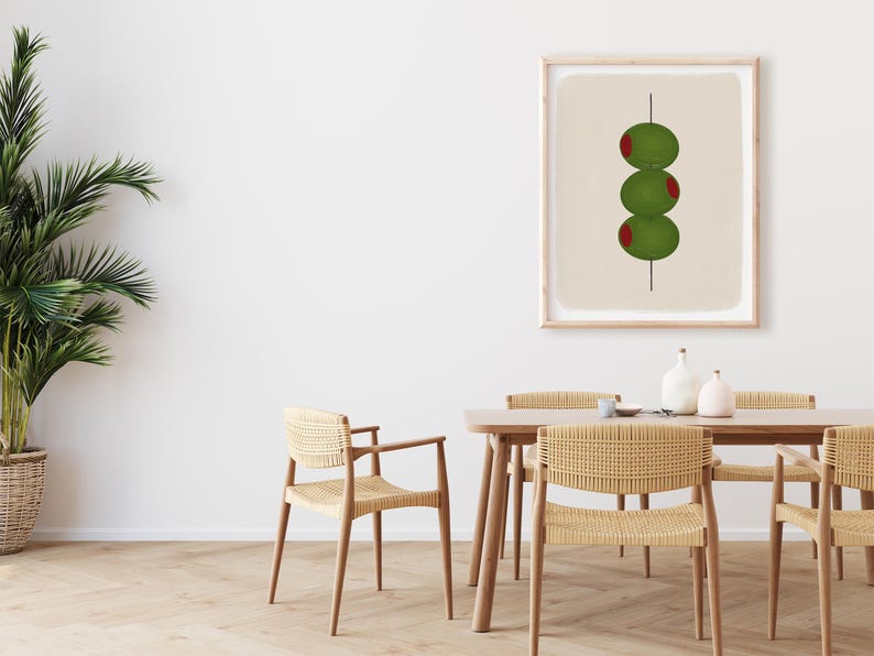 Hand drawn art print of three olives stacked vertically on a toothpick