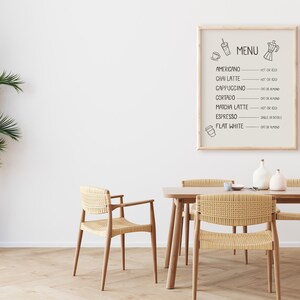 Art print of a drink menu. The list of drinks include; americano, chai latte, cappuccino, cortado, matcha latte, espresso, and flat white. The options next to each drink are; hot or iced, oat milk or almond milk, and single or double.