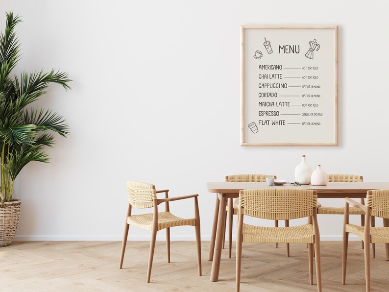 Art print of a drink menu. The list of drinks include; americano, chai latte, cappuccino, cortado, matcha latte, espresso, and flat white. The options next to each drink are; hot or iced, oat milk or almond milk, and single or double.