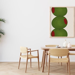 Hand drawn art print of three large olives off center to the left.