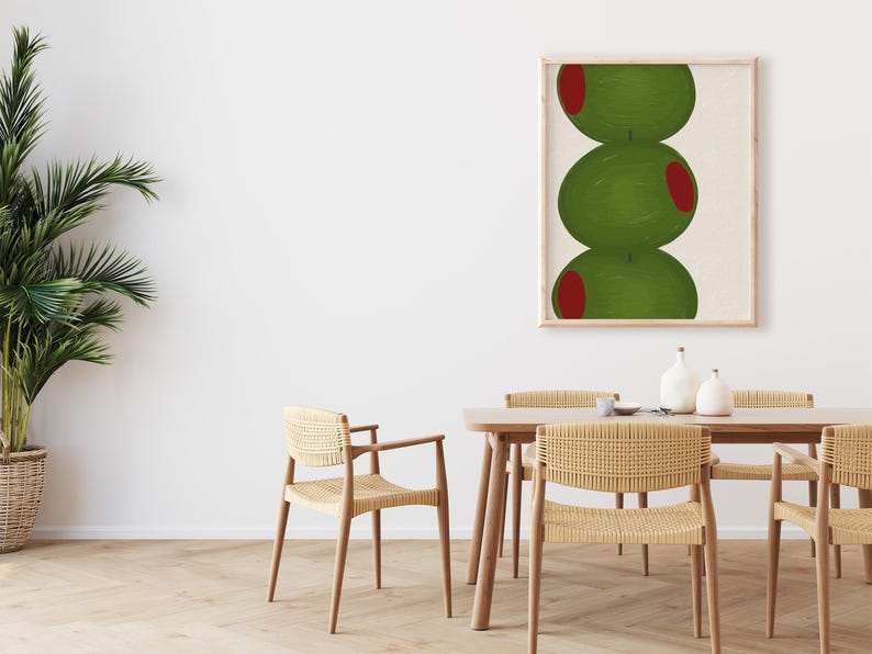 Hand drawn art print of three large olives off center to the left.