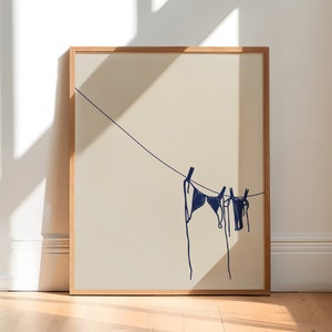 Impresión de arte de bikini azul, cartel de traje de baño, impresiones playeras, chica de coco, arte de pared de vaquera costera, decoración de apartamentos universitarios, descarga digital