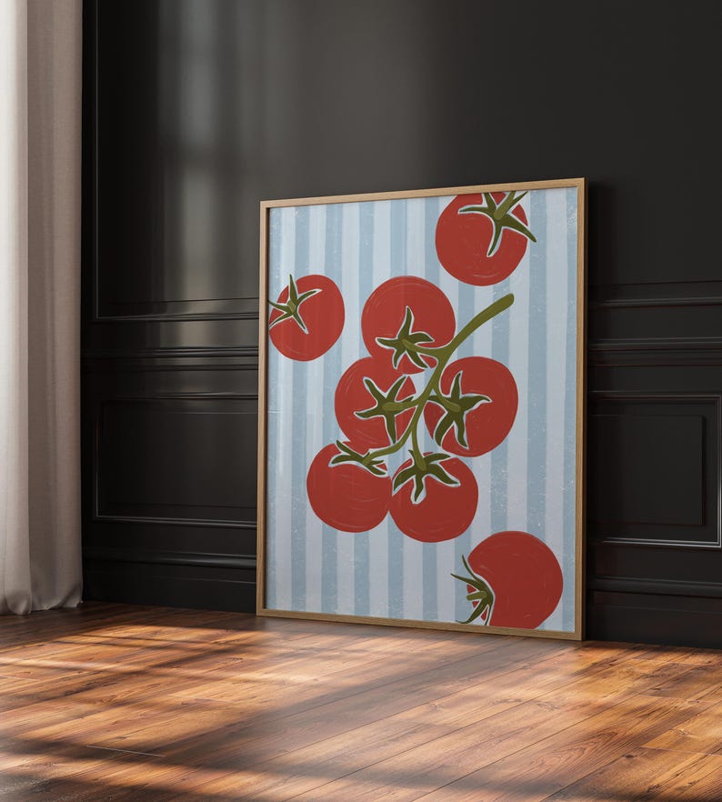 Hand drawn art print of five red tomatoes on a vine with three tomatoes along the edges. The background is light blue stripes.