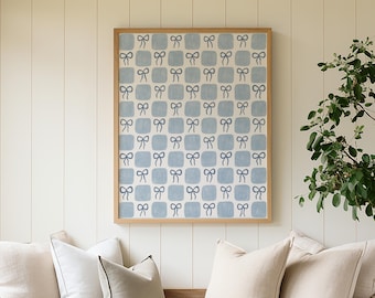 Blue Bows Wall Art, Blue Checkered Pattern Art Print, Coastal Granddaughter Prints, Toile Print, College Apartment Decor, Digital Download