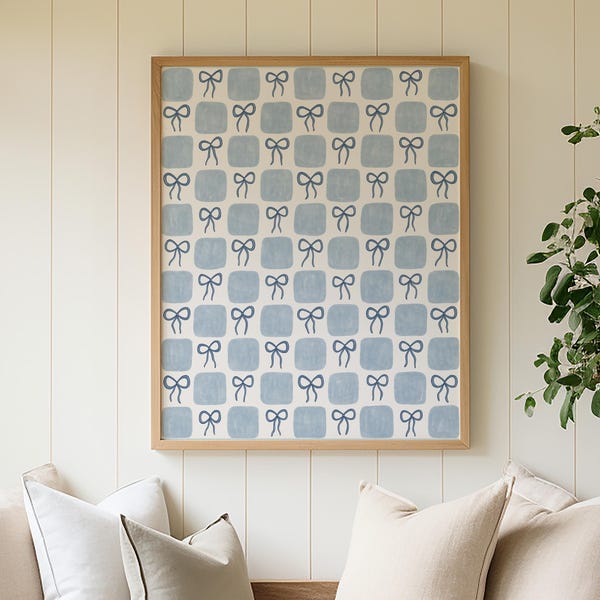 Blue Bows Wall Art, Blue Checkered Pattern Art Print, Coastal Granddaughter Prints, Toile Print, College Apartment Decor, Digital Download