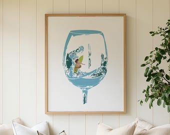 Surfer Woman in Wine Glass Art Print, Beach Bar Cart Decor, Coastal Cocktail Poster