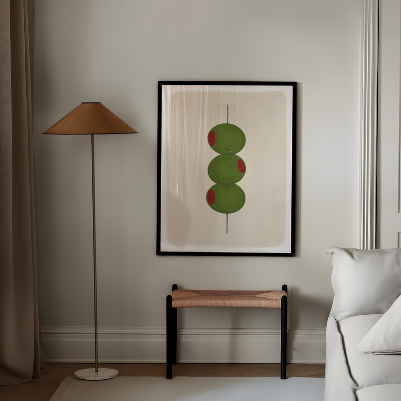 Hand drawn art print of three olives stacked vertically on a toothpick