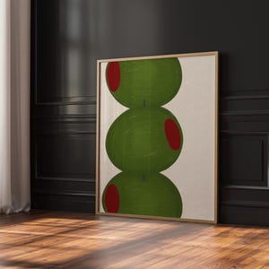Hand drawn art print of three large olives off center to the left.